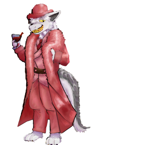 A sharply-dressed wolf character in a pink fur coat and hat, holding a cocktail