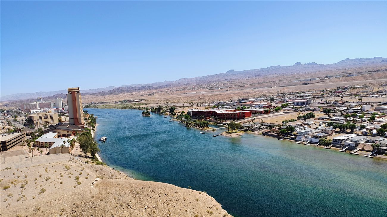 River bend through a desert town