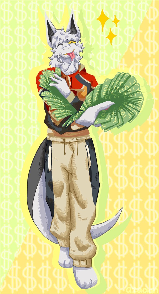 Matroska fanning out a stack of cash with a big grin