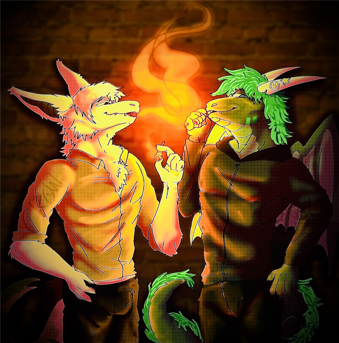 Two dragon-like characters sharing a smoke by firelight