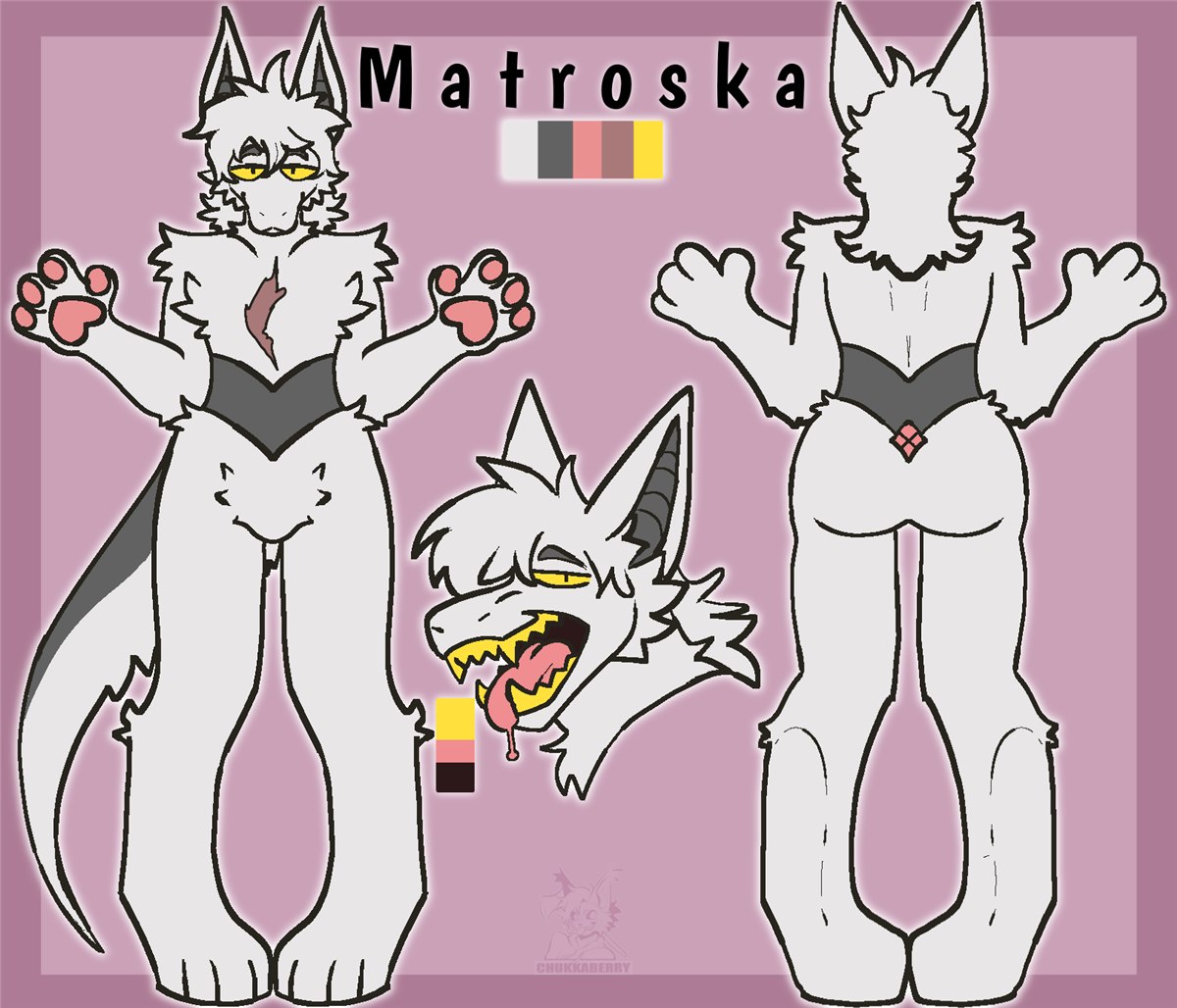Matroska anatomy reference sheet showing paw pads, chest scar, and color palette on a pink background
